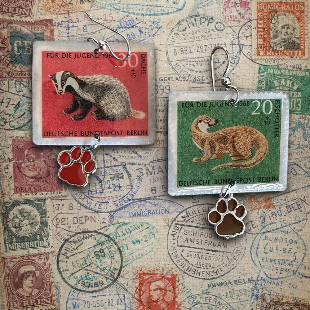Vintage stamps otter badger otter upcycled earrings sterling philately OOAK
